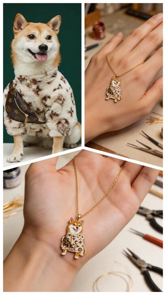 Red gold enamel craft pet portrait necklace